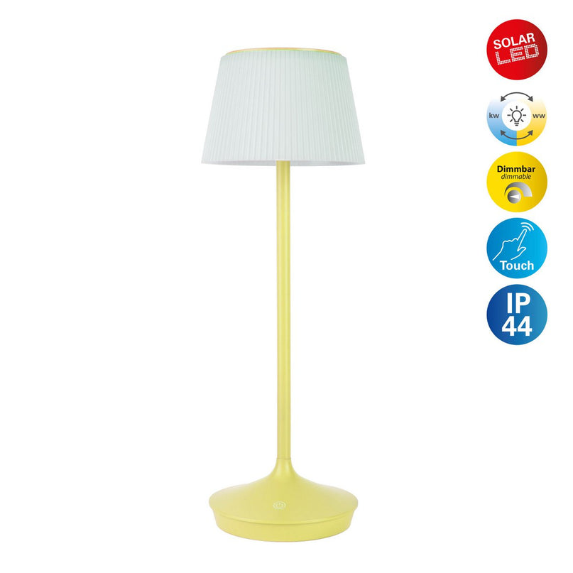 Zonne -batterijlamp "EMMI" 38 cm hoog, paraplu Ø 13 cm, metaal in geel en wit plastic, voor de buitenruimte, dimable CCT.