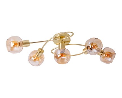5er spot/plafondlamp "libby" messing, klassiek plafondlamp gemaakt van messing gekleurd metaal en getinte glas in barnsteen, met E14-aansluiting, voor eetkamer, woonkamer, gang of kantoor, 65,5 cm lang