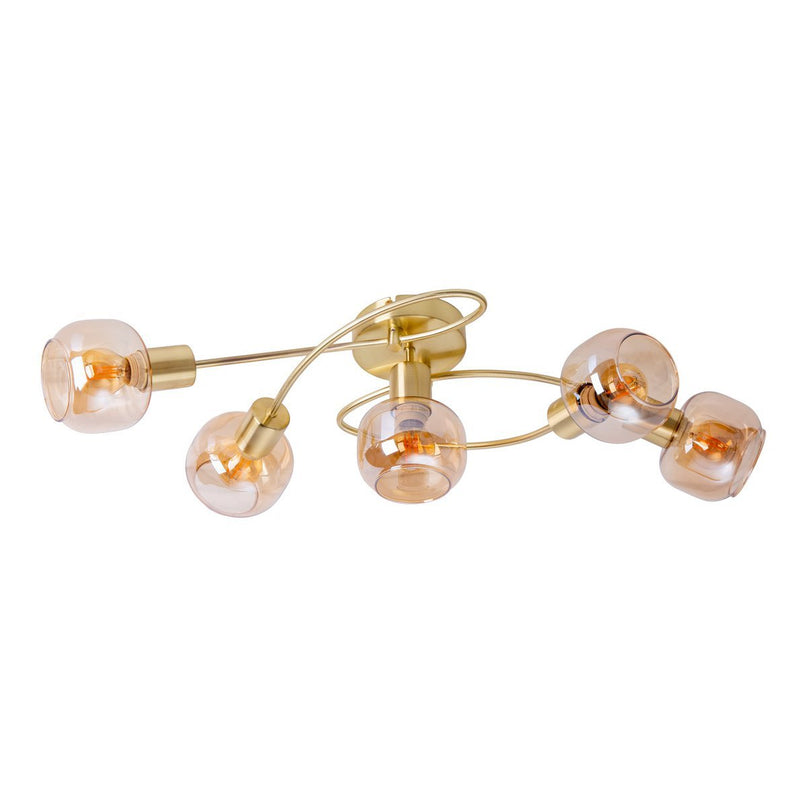 5er spot/plafondlamp "libby" messing, klassiek plafondlamp gemaakt van messing gekleurd metaal en getinte glas in barnsteen, met E14-aansluiting, voor eetkamer, woonkamer, gang of kantoor, 65,5 cm lang