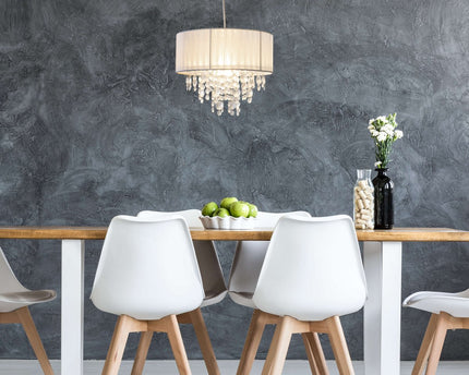 Decoratieve hanglamp "Crystallo", hanglamp gemaakt van metaal, transparant plastic en wit textielmateriaal, E27 -aansluiting, voor eetkamer, woonkamer, gang of kantoor, 30 cm diameter