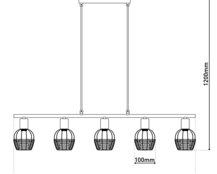 5 hanglamp "Corbis", echtelijke lamp gemaakt van zwart in zwart, met goud en rotan, met E14 -aansluiting, voor eetkamer, woonkamer, gang of kantoor, 100 cm lang