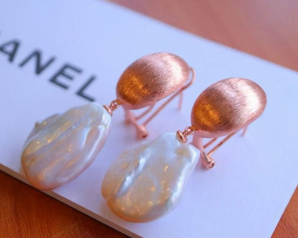 Rose Gold zeemeermin barokke parel drop oorbellen