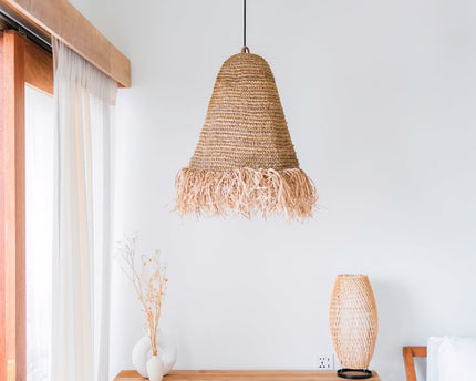 Raffia Boho Lampenkap – Hanglamp – Hanglamp – Handgeweven Plafondlamp met Lange Franjes (3 maten Ø 30/40/50 cm) KALIMA
