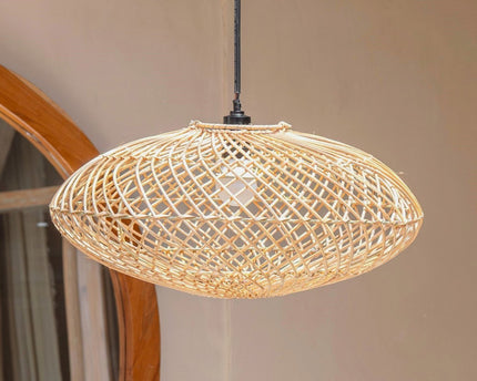 Rattan lampenkap-Boho hanglamp-Natuurlijke plafondlamp-schijfvormige lamp-plat handgeweven plafondlicht (Ø 40 cm) arana