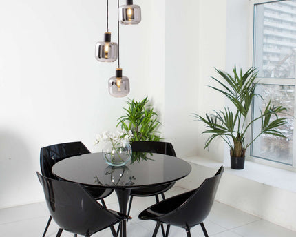 3 plafondlamp "fumoso", hanglamp gemaakt van metaal en glas in zwart, met E14 -aansluiting, voor eetkamer, woonkamer, hal of kantoor, hangende lamp Totale hoogte 123 cm.