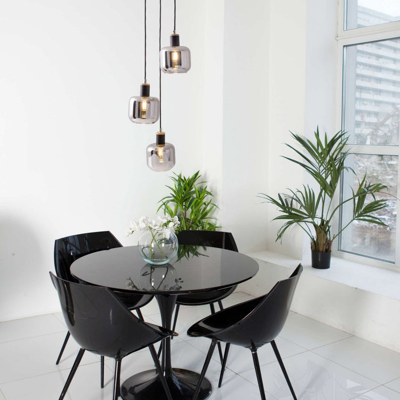 3 plafondlamp "fumoso", hanglamp gemaakt van metaal en glas in zwart, met E14 -aansluiting, voor eetkamer, woonkamer, hal of kantoor, hangende lamp Totale hoogte 123 cm.