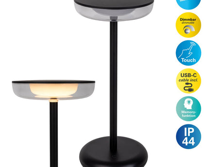 Noteloze tabletlamp "PASI" voor buiten en binnen, gemaakt van metaal en plastic in zwart, dimbaar, met aanraking en geheugenfunctie, ca. 26 cm hoog