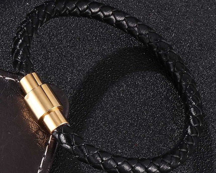 Gevlochten lederen herenarmband-gouden gesp