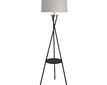 Staande lamp met geïntegreerde "tora" tafel gemaakt van roest -gekleurd metaal en natuurlijk gekleurd textielmateriaal, 158 cm hoog Ø 51 cm, e27