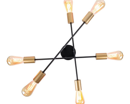 Plafondlicht "Modo" 6-flame gemaakt van metaal in zwart, versies goud, E27-aansluiting, plafondlamp voor woonkamer, eetkamer, keuken, gang, gang of kantoor met een Øvon 54,5 cm