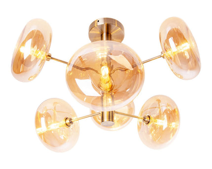 Plafondlamp "Orion" Ø ongeveer 53 cm barnsteen, gemaakt van messing gekleurd metaal en glas in barnsteen, G9-basis, verlichting voor woonkamer, eetkamer of kantoor.