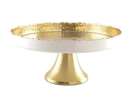 Witte en gouden cakeschotel op voet 30x30x12,5 cm
