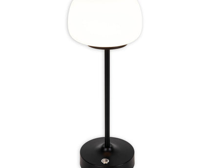 LED -batterij/ tafellamp "Pina" 30 cm hoog, gemaakt van metaal (zwart) en glas (wit), geïntegreerde LED's, warm wit