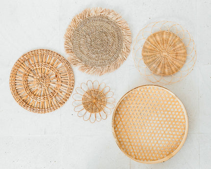 Boho wanddecoratieset – rotan muurmanden – natuurlijke muurophanging – geweven wanddecoratie – handgemaakte set van 5 wandborden (Ø 15-45 cm) PENIDA