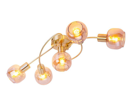 5er spot/plafondlamp "libby" messing, klassiek plafondlamp gemaakt van messing gekleurd metaal en getinte glas in barnsteen, met E14-aansluiting, voor eetkamer, woonkamer, gang of kantoor, 65,5 cm lang
