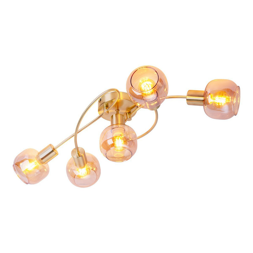 5er spot/plafondlamp "libby" messing, klassiek plafondlamp gemaakt van messing gekleurd metaal en getinte glas in barnsteen, met E14-aansluiting, voor eetkamer, woonkamer, gang of kantoor, 65,5 cm lang