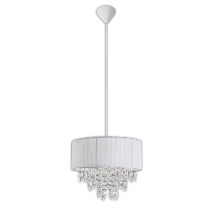 Decoratieve hanglamp "Crystallo", hanglamp gemaakt van metaal, transparant plastic en wit textielmateriaal, E27 -aansluiting, voor eetkamer, woonkamer, gang of kantoor, 30 cm diameter