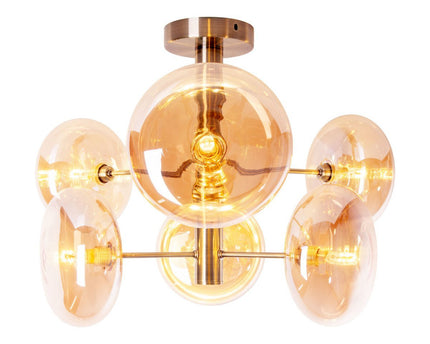 Plafondlamp "Orion" Ø ongeveer 53 cm barnsteen, gemaakt van messing gekleurd metaal en glas in barnsteen, G9-basis, verlichting voor woonkamer, eetkamer of kantoor.
