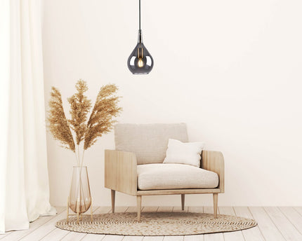 Hanger lamp "gota", retro klassieke hanglamp gemaakt van zwart rookglas Ø 20 cm, met E27 -versies, 150 hoog, ideaal voor eetkamer, woonkamer en keuken.