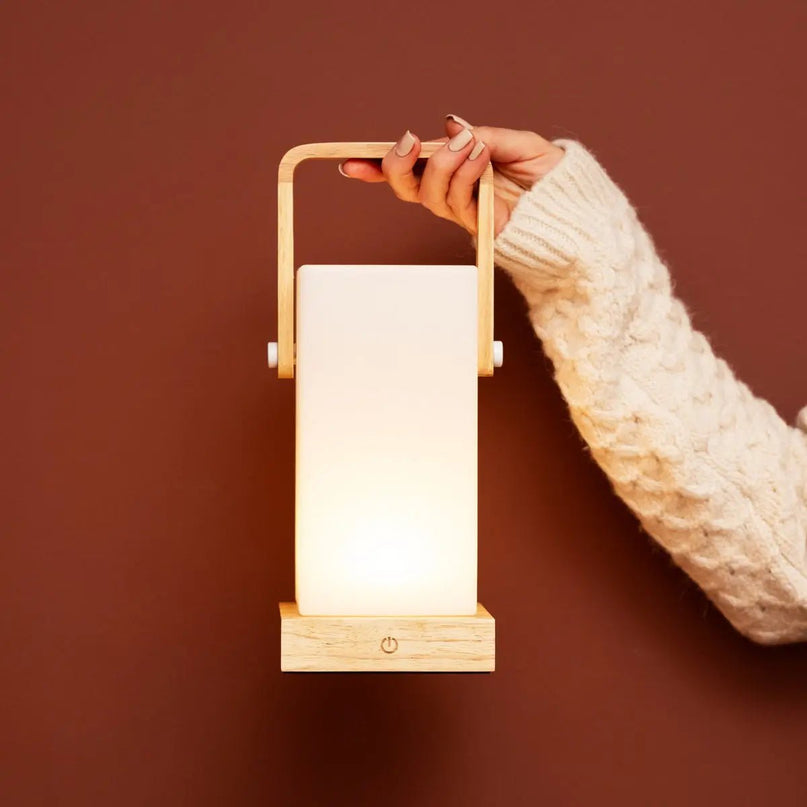 Harper lichtbruine houten lamp – draadloze oplaadbare tafellamp met handvat