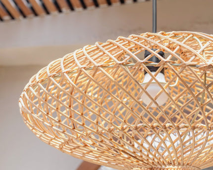 Rattan lampenkap-Boho hanglamp-Natuurlijke plafondlamp-schijfvormige lamp-plat handgeweven plafondlicht (Ø 40 cm) arana