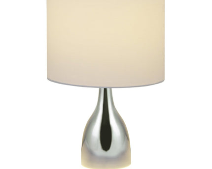 De "Cosima" LED -tafellamp is 43,5 cm hoog, paraplu Ø 25 cm, gemaakt van metaal, plastic, textielmateriaal in de kleuren chroom en wit. Beide geïntegreerde LED's in de Light Foot en E14 -versie