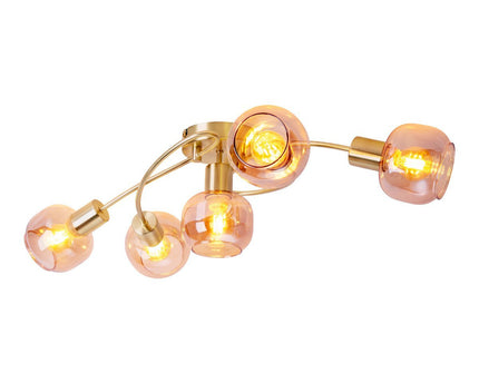 5er spot/plafondlamp "libby" messing, klassiek plafondlamp gemaakt van messing gekleurd metaal en getinte glas in barnsteen, met E14-aansluiting, voor eetkamer, woonkamer, gang of kantoor, 65,5 cm lang