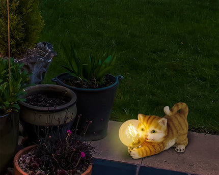 LED Solar Outdoor Lamp "Cat" 25 cm lange decoratie gemaakt van bruin plastic met geïntegreerde LED's