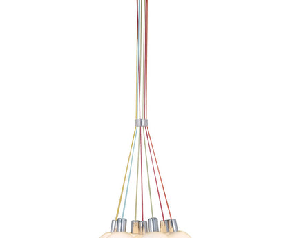 Hanglamp "regenboog-bowl" in totaal 120 cm hoog, 7 glazen schermen Ø 16 cm, gemaakt van chroomkleurig metaal, opaalwit glas en kleurrijke voeding, E14-versies