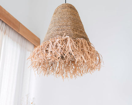 Raffia Boho Lampenkap – Hanglamp – Hanglamp – Handgeweven Plafondlamp met Lange Franjes (3 maten Ø 30/40/50 cm) KALIMA