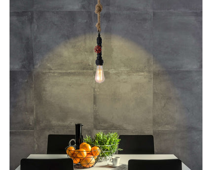 Hanger lamp "regia", black metal, henneptouw, E27 -versie, verlichting voor woonkamer, jeugdruimte of kantoor