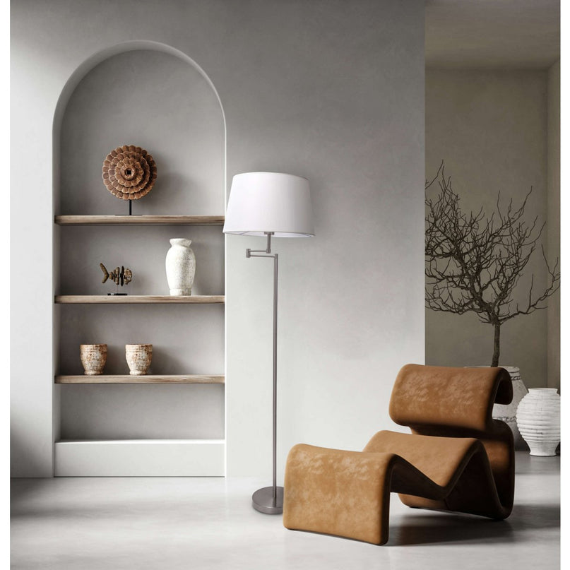 Staande lamp "Bologna" hoogte 158 cm gemaakt van metaal in een satijnen nikkel, Beiger TextalsPreis, E27