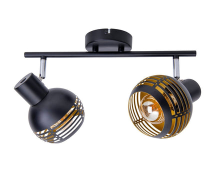 2-zitplaatsen muur en plafondlichtvlek "Casco" gemaakt van metaal in zwart en goud, met E27-aansluiting, 36 x 12 x 15 cm. Stijlvolle verlichting voor woonkamer, eetkamer of keuken.