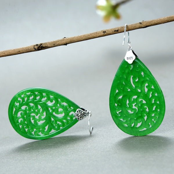 Waterdrop Jade oorbellen-Ruyi bloempatroon
