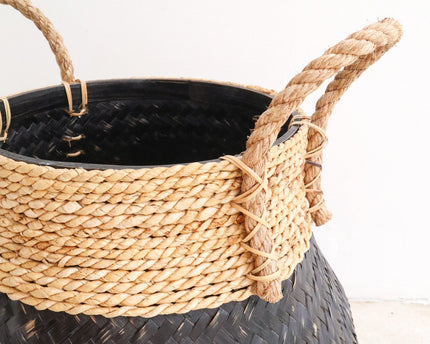 Zwarte plantenmand Decoratieve mand Grote wasmand BENOA (zwart) Handgeweven mand van bamboe en zeegras (3 maten)