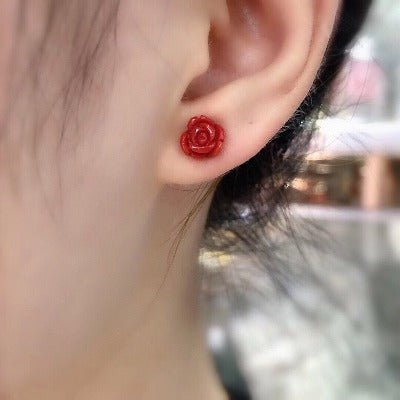 Tijdloos Red Coral Rose Flower Ear studs-18k goud