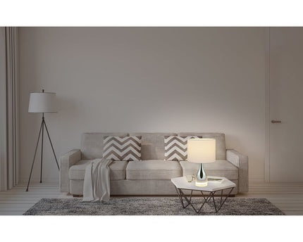 De "Cosima" LED -tafellamp is 43,5 cm hoog, paraplu Ø 25 cm, gemaakt van metaal, plastic, textielmateriaal in de kleuren chroom en wit. Beide geïntegreerde LED's in de Light Foot en E14 -versie