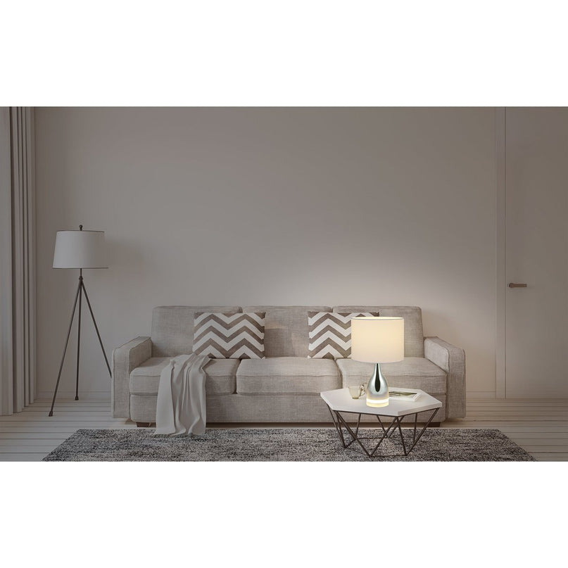 De "Cosima" LED -tafellamp is 43,5 cm hoog, paraplu Ø 25 cm, gemaakt van metaal, plastic, textielmateriaal in de kleuren chroom en wit. Beide geïntegreerde LED's in de Light Foot en E14 -versie