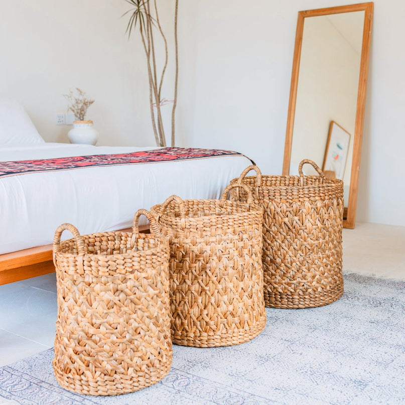 Rond geweven wasmand – Boho plantenmand – wasmand bruin – grote mand van waterhyacint RAJA (3 maten Ø 35/40/50 cm)