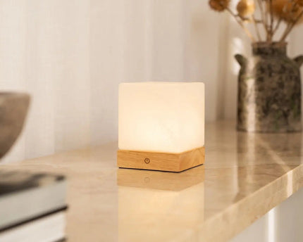 YCE lichtbruine draadloze houten lamp met bevroren glas-oplaadbare, dimbare, 100-uur batterij