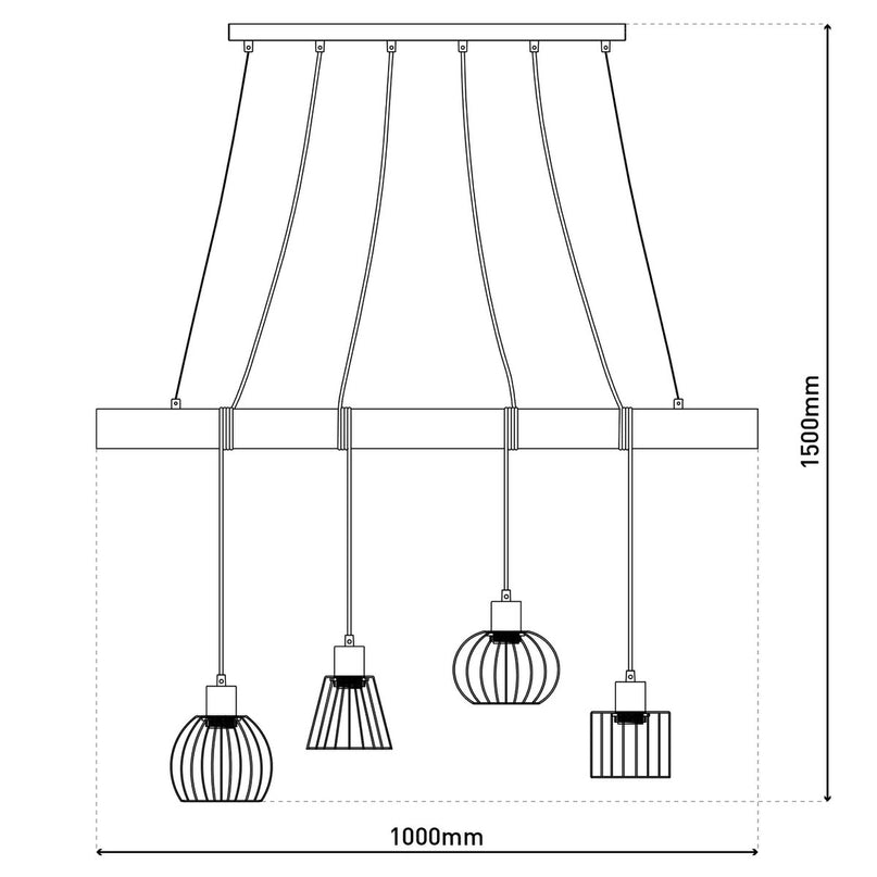 4 hanglamp "Woodland", hanglamp, metaal en hout in zwart en natuurlijke E27 -aansluiting, voor eetkamer, woonkamer, gang of kantoor, 100 cm lang