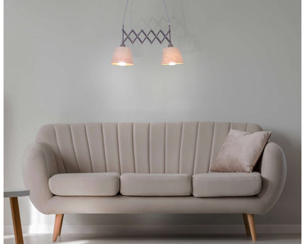Schaar hanglamp "Adrianne", breedte uit te strekken van 35-57 cm, gemaakt van bruin metaal met natuurlijk gekleurde textiel parasols, E27-versies, verlichting voor woonkamer, eetkamer of kantoor