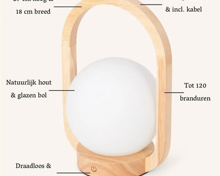 Skye Lichtbruine Houten Snoerloze Lamp | Oplaadbaar en dimbaar ontwerp