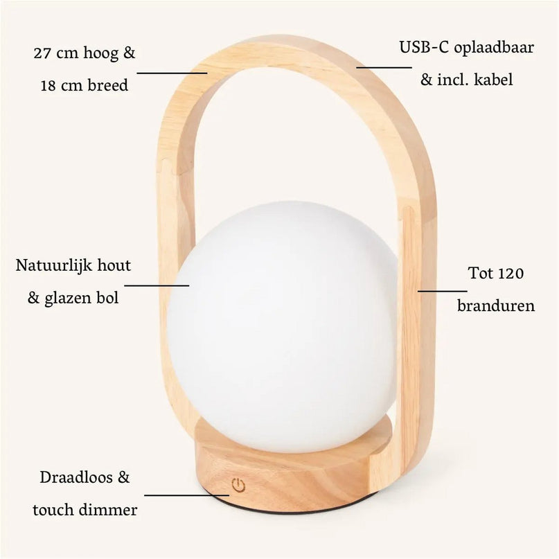 Skye Lichtbruine Houten Snoerloze Lamp | Oplaadbaar en dimbaar ontwerp