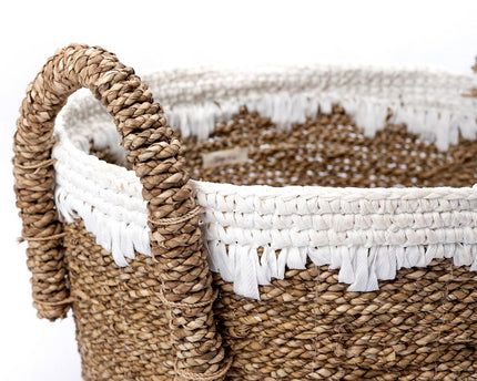 Ronde manden van zeegras met witte katoenen koorden WAIGEO (3 maten) Decoratieve was- of opbergmand