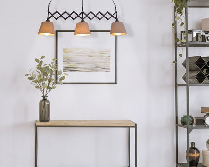Shear hanger lamp "Adrienne", breedte uit te strekken van 52-100 cm, gemaakt van bruin metaal met natuurlijk gekleurde textiel parasols, E27-versies, verlichting voor woonkamer, eetkamer of kantoor