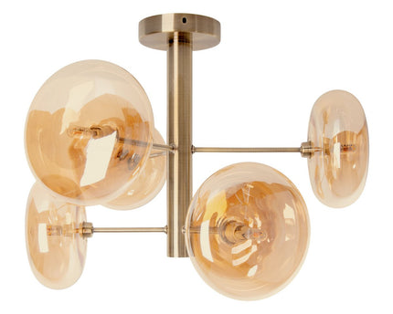 Plafondlamp "Orion" Ø ongeveer 53 cm barnsteen, gemaakt van messing gekleurd metaal en glas in barnsteen, G9-basis, verlichting voor woonkamer, eetkamer of kantoor.