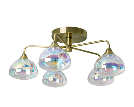 LED-plafondlamp 5-flame "varna", plafondlamp gemaakt van messing gekleurd metaal en irisglas, met stevig geïnstalleerde LED's, 50 cm diameter, stijlvolle verlichting voor woonkamer, eetkamer of gang