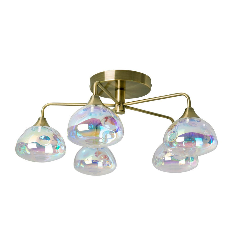 LED-plafondlamp 5-flame "varna", plafondlamp gemaakt van messing gekleurd metaal en irisglas, met stevig geïnstalleerde LED's, 50 cm diameter, stijlvolle verlichting voor woonkamer, eetkamer of gang