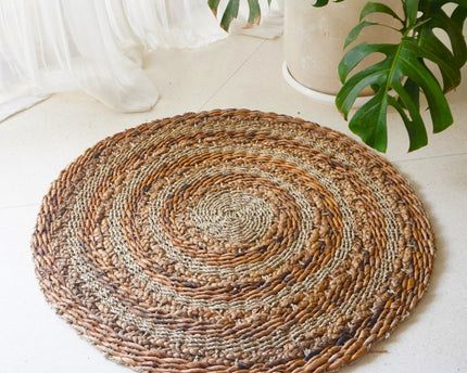 Vloerkleed 100/120 cm met strepen rond vloerkleed van plantaardige vezels, bananenvezel, zeegras en waterhyacint bruin beige tapijt POHON (2 maten)